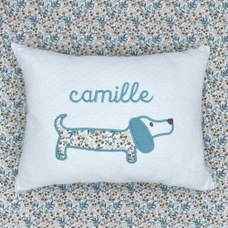 Coussin Chien Fleuri bleu